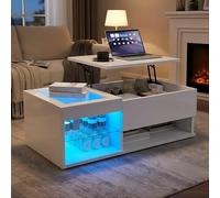 DADEA Table basse réglable en hauteur LED avec espace de rangement, table basse relevable avec rangement, table de canapé moderne réglable en hauteur et extensible pour salon/bureau/salle à manger