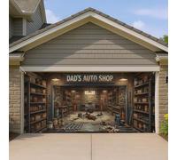 Dad's Auto Shop - Housse de porte de garage - Design vintage d'atelier mécanique - Couleur marron et bleu rustique - Décoration d'intérieur extérieure - Décoration toute l'année - 400 x 180 cm