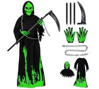 DaengGeGe Costume Faucheur,Lumineux Costume Faucheur,Deguisement Faucheuse Enfant,Costume de Faucheur pour Enfant Soul Halloween,avec Faux de la mort,Gants,Ceinture,Chaîne pour Cosplay,Carnaval(M