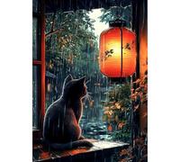 DAERLE 5D Diamond Painting, Chat noir, Peinture Diamant Adulte, Nuit pluvieuse Lanterne, Kit d'art mosaïque Idéal pour les débutants, Décoration Murale d'intérieur Avec Outils 30x40cm