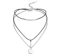 Daesar Femmes Collier de Cou en Acier INOX Multicouche Pendentif Rond Collier argenté Noir 31.8 cm