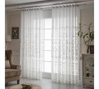 Daesar Lot de Deux Rideaux Blanc, Rideau Semi Transparent à Oeillets Motif de Fleurs Broderie Européen Rideaux et Draperies Intérieurs Modernes pour Chambre Salon, Blanc 102x183CM