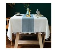 Daesar Nappe Rectangulaire Anti Tache 140 x 200 CM, Coton Lin Nappe Cuisine Lavable Motif de Rayures Vague avec Glands Couverture pour Cuisine Salle À Manger Décoration de Table, Bleu