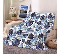Daesar Plaid Couverture Polaire 150x200cm, Couverture Chaude, Couverture Flanelle Polaire Motif Feuilles Tropicale, Couvre Lit, Bleu Blanc