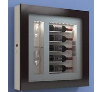 dafnedesign. com - Cadre vin - Présentoir réfrigéré pour cinq bouteilles en horizontal et deux verres horizontaux latérales. Structure en métal. Structure de porte en aluminium. Cadre en bois/HPL vetrocamera 20 mm. Joint magnétique. Panneau intérieur en laminé éclairage à lED. Centrale thermo-électrique. Chaud automatique. Réfrigération ventilé. Système de antivibrazione. pour bouteilles h.328 D.90 mm - kWh/annum 60 Poids 30 kg. (SF00)
