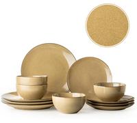 Dafuceramic Ensemble assiettes et bols, 12 pièces en grès moderne pour 4 personnes, assaisonnage et dînette en céramique, compatible micro-ondes et lave-vaisselle (jaune maïs)