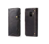 DaGeLon Classique Coque pour Samsung Galaxy S9, Rétro Peau de Vache Rabat Étui Cuir Véritable Flip Housse Protection Complète Cover Exquis Livre Folio Cas Anti-Choc Case Portefeuille, Noir