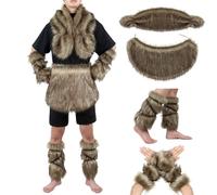 DAGLLGEW Costume de Viking 4 pièces/ensemble pour hommes, costume de barbare en fausse fourrure chaude comprenant une jupe à la taille, un brassard, une cape châle, des couvre-bottes pour le ba