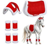 DAGLLGEW Lot de 6 Costumes de Noël Comprenant Un Chapeau Père Noël Rouge, 4 enveloppes et Selle Cheval, des Costumes en Peluche Douce et épaisse pour décoration Chevaux.