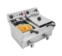 DAHAD Double friteuse électrique, 2 x 10 l, en acier inoxydable, 6000 W, avec 2 paniers, réglage de la température, robinet d'écoulement et zone froide, friteuse gastronomique pour frites, poulet