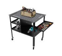 DAHAD Table de soudage mobile avec roulettes - En acier - Charge maximale : 500 kg - Avec plaque perforée perforée - Étagère latérale pliable et porte-outils - Pour l'industrie et le bricolage - Noir
