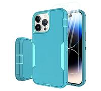 Dahkoiz Coque pour iPhone 14 Pro, avec protection d'écran en verre trempé et port anti-poussière - Protection intégrale en caoutchouc pour Apple iPhone 14 Pro 6,1" - Menthe/bleu sarcelle