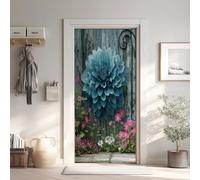 Dahlias Bleu Effet 3D Sticker Porte, Marguerite Fleurs Sauvages Papier Autocollant Porte Mural Décoration, Planche de Bois Vintage Stickers Muraux Amovible PVC 77x200 cm ybG3o73