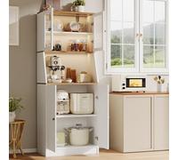 DAHUEN Buffet de Cuisine avec LED, 180 cm Buffet Haut Cuisine, Vaisselier avec Portes en Verre et Étagères Réglables, Trou de Passage des Câbles, Armoire de Cuisines, Buffets Salon Rangement (Blanc)