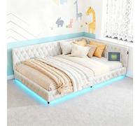 DAHUEN Canapé-lit, 90 x 200 cm, pour enfants, avec 2 tiroirs de rangement, rembourré, tête de lit LED, port USB/type C, cadre de jour extensible avec sommier à lattes, beige B, 140 x 200 cm