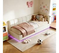 DAHUEN Canapé-lit, 90 x 200 cm, pour enfants, avec espace de rangement, capitonné, tête de lit LED, port USB/type C, cadre de lit extensible avec sommier à lattes, crème E, velours