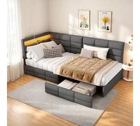 DAHUEN Canapé Lit Rembourré 90×200 avec Rangement, lit Multi Fonctionnel avec éclairage LED et USB, Sommier à Lattes en Bois, Canapé en Tissu, pour Adolescents et Adultes, Lin (Gris, 90×200cm)