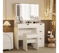 DAHUEN Coiffeuse avec éclairage LED et prises, 3 couleurs avec luminosité réglable, 4 tiroirs et 4 compartiments ouverts, tabouret et prise (blanc)