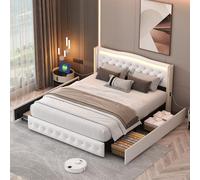 DAHUEN Lit 140 x 200 avec 4 tiroirs, Lit double rembourré avec éclairage LED et chargement USB, Lettos pour adultes 140 x 200, Lit avec tête et sommier à lattes, PU, blanc (140 x 200 cm)