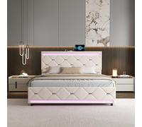 DAHUEN Lit 140x200 avec Sommier LED et USB, Lits Double rembourré avec 4 tiroirs, lit 2 Personnes, Lits Capitonné avec Grand Rangement, Lit à tiroirs pour Adultes et Adolescents (Beige-D, 140x200 cm)