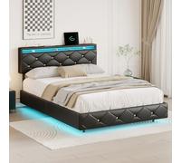 DAHUEN Lit 160x200 cm avec Éclairage LED, Ports USB, Lit Double rembourré avec sommier à Lattes et tête de lit réglable, Cadre de lit, lit 2 Personnes,PU(Noir, 160 * 200cm)