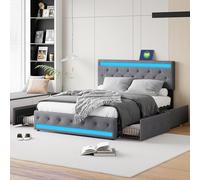 DAHUEN Lit 180x200 avec Sommier LED et USB, Lits Double rembourré avec 4 tiroirs, lit 2 Personnes, Lits Capitonné avec Grand Rangement, Lit à tiroirs pour Adultes et Adolescents (Gris-C, 180x200 cm)