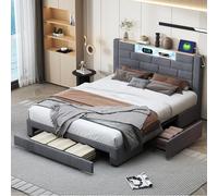 DAHUEN Lit capitonné, 140 x 200 cm, avec espace de rangement, LED, avec tiroirs, port USB/type C, cadre de lit rembourré, avec sommier à lattes, velours gris, 140 x 200 cm