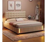 DAHUEN Lit capitonné, 160 x 200 cm, rembourré, avec lumières LED, cadre de lit flottant, hydraulique, avec espace de rangement, capteur de lumière au bout du lit, en velours, sans matelas, beige