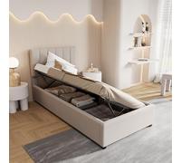 DAHUEN Lit capitonné, 90 x 200 cm, espace de rangement hydraulique, avec tête de lit réglable en hauteur, lit simple, avec tiroir de lit et sommier à lattes, en tissu lin, sans matelas (beige, 90 x