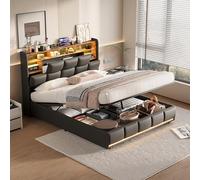 DAHUEN Lit Coffre 160x200 cm avec éclairage LED, Lit Double Rembourré avec Ports de Charge USB, Cadre de Lit avec Hydraulique, Lits Capitonné avec Tête de Lits de Rangement, PU, Noir (160 x 200 cm/a)