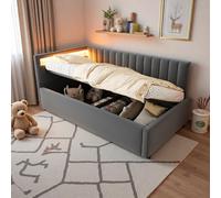 DAHUEN Lit de jour extensible 90 x 200 cm pour 1 enfant, coffre de rangement hydraulique, avec tiroir de lit, rembourré, tête de lit LED, lit pour adolescent, canapé-lit, cadre de lit avec sommier à