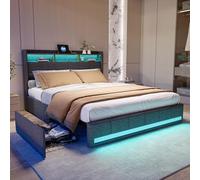 DAHUEN Lit de rangement double 140 x 190 cm, Lettos rembourré avec éclairage LED, 4 tiroirs, station de recharge (gris-C, 140 x 190 cm)