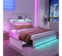 DAHUEN Lit de rangement double 140 x 190 cm, Lettos rembourré avec éclairage LED, 4 tiroirs, station de recharge (beige-C, 140 x 190 cm)