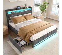 DAHUEN Lit de rangement double 140 x 200 cm, Lettos rembourré avec éclairage LED, 4 tiroirs, station de recharge (gris-C, 140 x 200 cm)