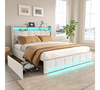 DAHUEN Lit de rangement double 140 x 200 cm, Lettos rembourré avec éclairage LED, 4 tiroirs, station de recharge, tête de lit avec compartiment de rangement (beige-C, 140 x 200 cm)