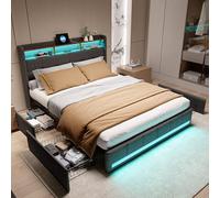 DAHUEN Lit de rangement double 160 x 200 cm, Lettos rembourré avec éclairage LED, 4 tiroirs, station de recharge, tête de lit avec compartiment de rangement (gris, 140 x 200 cm)