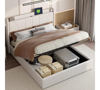 DAHUEN Lit de rangement hydraulique, 140 x 200 cm, avec coffre de lit, tête de lit rembourrée avec USB /type C, LED, lit double rembourré, pour adolescent, en polyuréthane (lin beige, 140 x 200 cm)