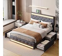 DAHUEN Lit Double 180 x 200 cm, Lit Double rembourré avec LED et USB, Lits capitonné avec 4 tiroirs et sommier à Lattes, Lits avec Espace de Rangement, en Lin, Gris, sans Matelas