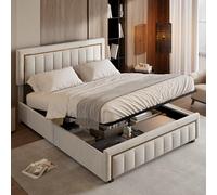 DAHUEN Lit double à sommier tapissier 160 x 200 cm avec coffre de lit, sommier à lattes et dos rembourré, avec rayures verticales et bords dorés, en velours, blanc (blanc, 160 x 200 cm)