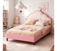 DAHUEN Lit double rembourré, 140 x 200 cm, avec éclairage LED, pour enfants, avec tête de lit en forme de couronne, cadre de lit princesses avec sommier à lattes, velours