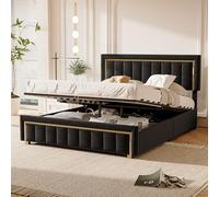 DAHUEN Lit double rembourré, 140 x 200 cm, hydraulique, avec sommier à lattes et coffre de lit, coffre de rangement, avec tête de lit rembourrée, lit fonctionnel, en velours (noir, 140 x 200 cm)