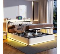 DAHUEN Lit Double Rembourré 140x200 cm avec Sommier LED et USB, Lit Coffre avec Espace de Rangement hydraulique à Sommier à Lattes et Tête de Lits de Rangement, Velours (Beige, 140 * 200cm)