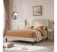 DAHUEN Lit Double Rembourré 140x200cm, Tête de Lit Tapissier, Cadre de lit avec sommier à Lattes, Support à Lattes en Bois Solide, Lin (Beige, 140×200cm)