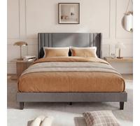 DAHUEN Lit Double Rembourré 140x200cm, Tête de Lit Tapissier, Cadre de lit avec sommier à Lattes, Support à Lattes en Bois Solide, Lin (Gris, 140×200cm)