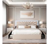 DAHUEN Lit Double Rembourré, 160 x 200 cm, avec 4 Tiroirs de Rangement, Lit avec éclairage LED, Cadre de avec Tête de Réglable en Hauteur, Coffre et Sommier à Lattes, Lin, Beige (160 x 200 cm)