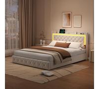 DAHUEN Lit Double Rembourré 160 x 200 cm avec 4 Tiroirs, Lit Coffre avec Charge USB et éclairage LED, Lits Cadre de Tete de avec Rangement, LitsAdulte, Velours, Beige (Beige-B-160 * 200cm)