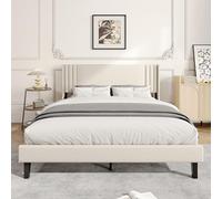 DAHUEN Lit Double Rembourré 160x200cm, Tête de Lit Tapissier, Cadre de lit avec sommier à Lattes, Support à Lattes en Bois Solide, Lin (Beige, 160×200cm)