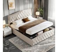 DAHUEN Lit Double rembourré avec Rangement, lit Coffre avec tête de lit de Ligne de Vague, lit Double avec hydraulique, Cadre de lit en Velours lit et sommier à Lattes (160 x 200 cm,Beige)