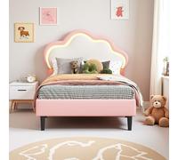 DAHUEN Lit double rembourré, pour enfant, 90 x 200 cm, avec éclairage LED, motif princesses, sommier à lattes et tête de lit réglable en hauteur, polyuréthane (rose D, 90 x 200 cm)