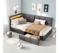 DAHUEN Lit Enfant 90x200 avec 2 Tiroirs, Canapé Lit Tiroir 1 Place avec Éclairage LED et Port USB, lit ado avec Rangement et sommier á Lattes, pour Fille et Garcon, Lin (Gris, 90×200cm)